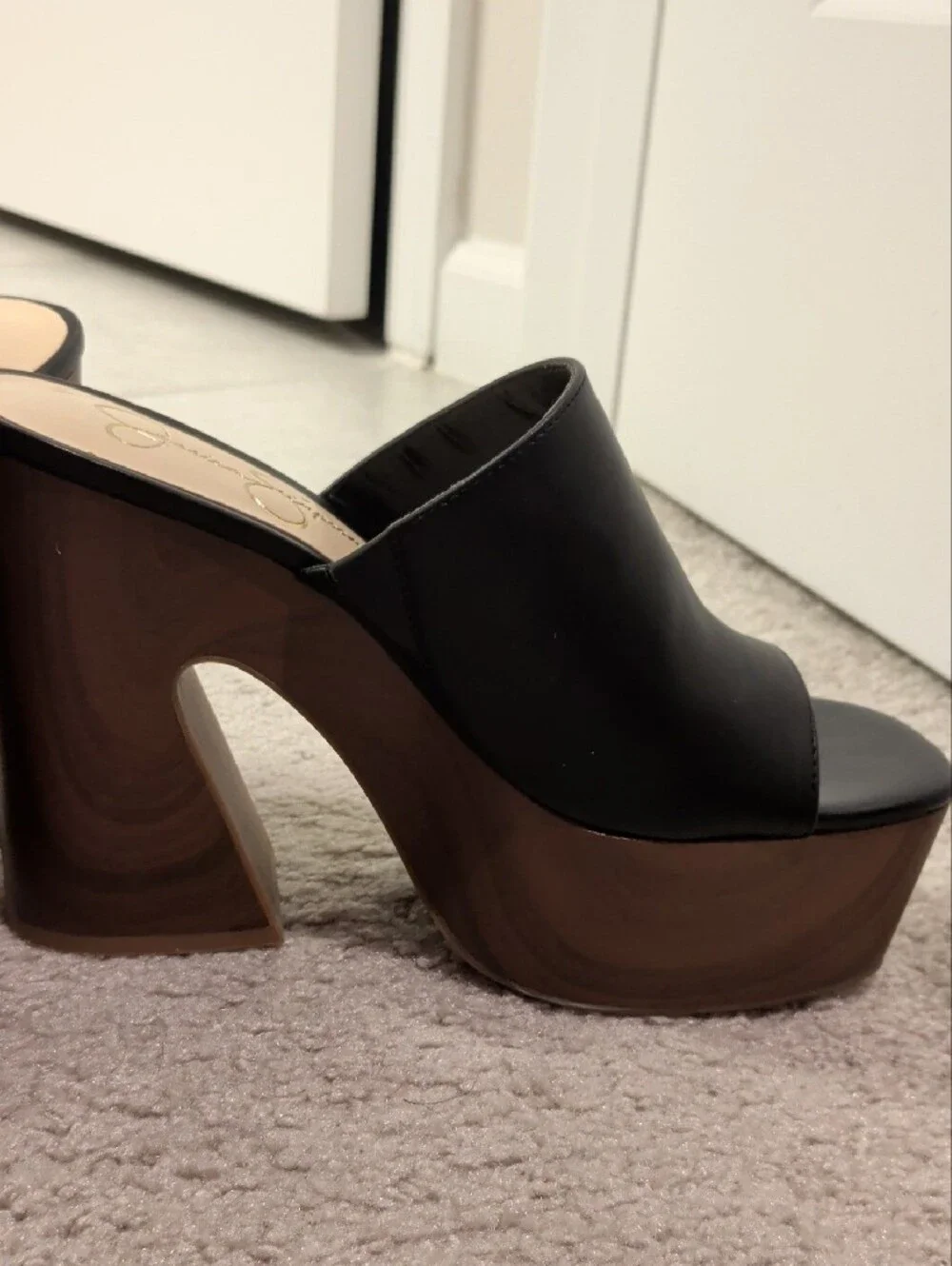 Jessica Simpson Black Platform Slide Sandals with Wood-Look Block Heel